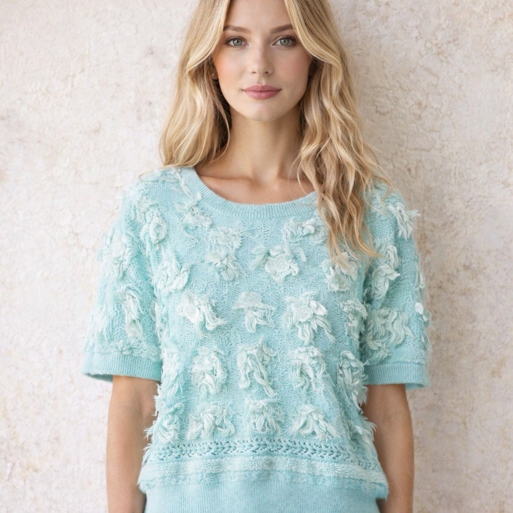 Aqua Blue Floral Fringe Knit Sweater Short Sleeve Vintage Womens XL